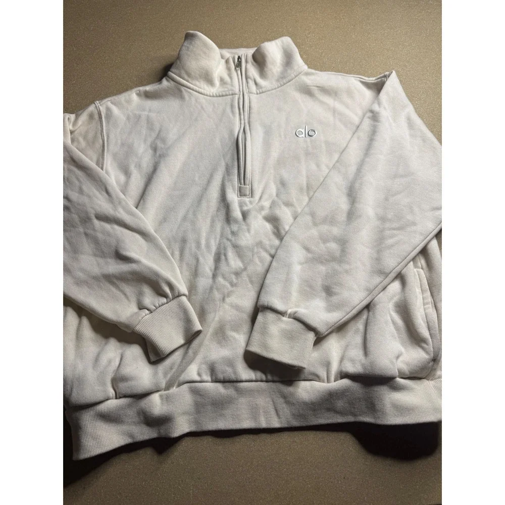Alo Yoga Accolade Quarter Zip Pullover Sweatshirt Bone White Beige Fleece Mens M